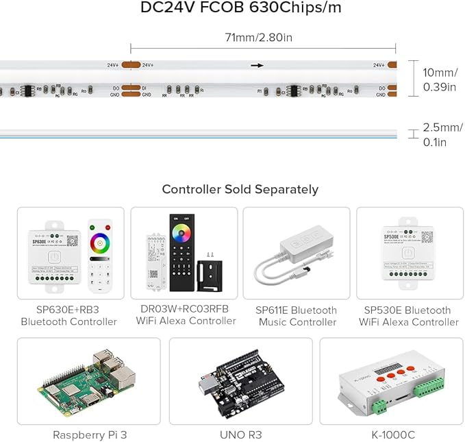 BTF-LIGHTING FCOB WS2811 IC RGB COB LED Strip DC24V 630LED/m Flexible High Density Uniform Chasing Color Light 2X16.4FT Total 32.8FT 14IC/m 10mm Width(No Adapter or Controller)