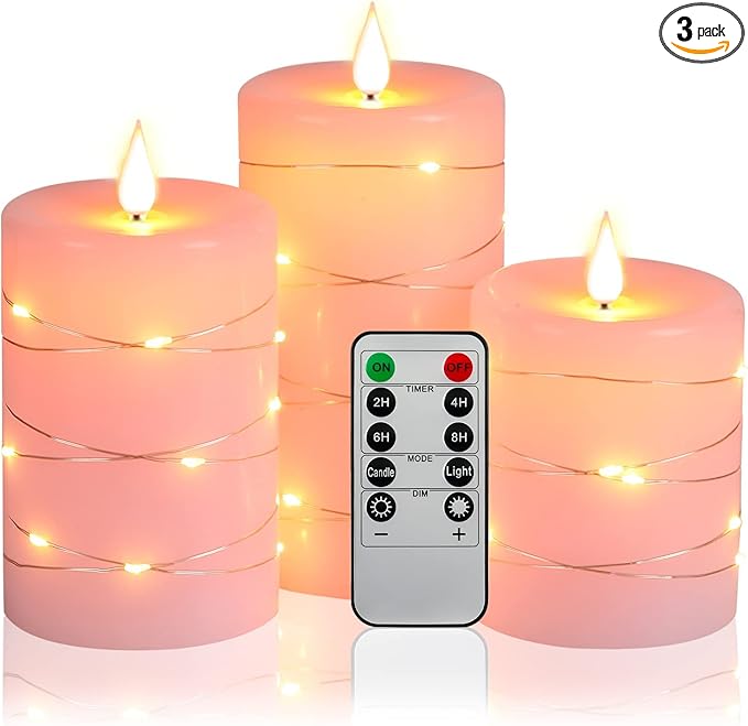 Upinmz Flickering Flameless Candles with Embedded String Lights, Battery Operated Candles with Remote Control and Timer,LED Candles for Home Decoration,Real Wax, 3 Pack Pink