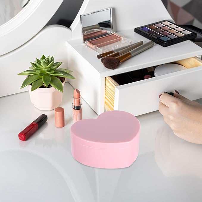 OSALADI Heart Shape Jewelry Storage Box Double Layered Pink Ring Organizer with Makeup Mirror for Desktop Jewelry Box