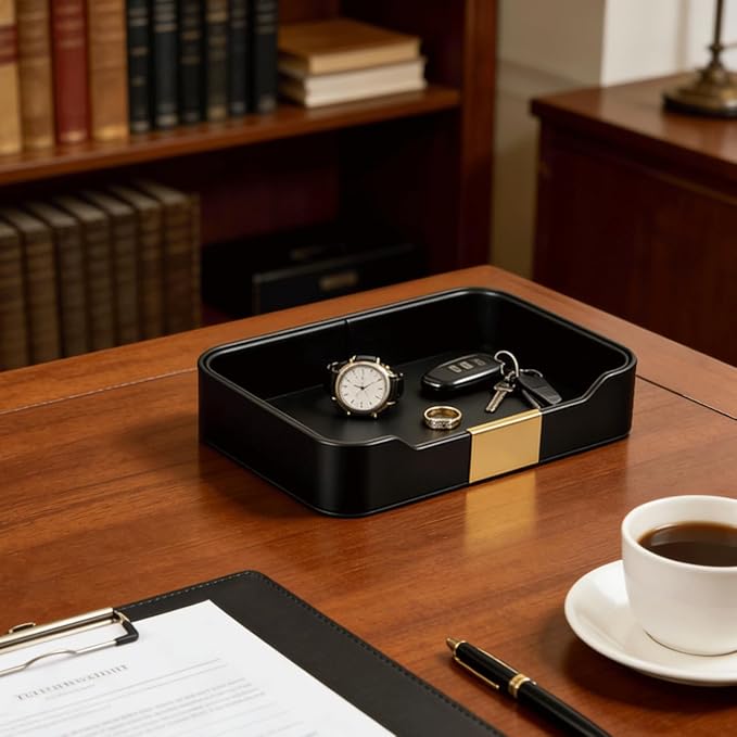 Luxury Leather Valet Tray,Jewelry Tray,Desktop Storage Organizer,Caddy Holder for Cosmetic,Jewelry,Watch,Keys,Phone,Wallet,Remote Controller,Pen, (black)