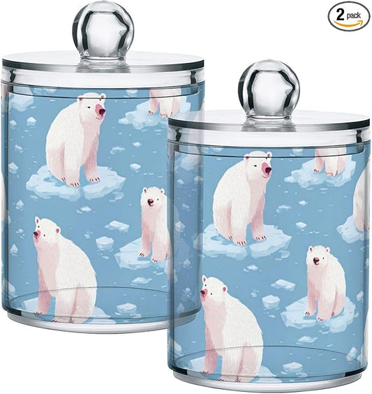 2 Pack Apothecary Jars Winter Blue Polar Bear Bathroom Vanity Storage Organizer Set,Small Clear Plastic Storage Jars Bathroom Canister for Cotton Swabs, Rounds, Balls, Qtips,Makeup Sponges, Flo