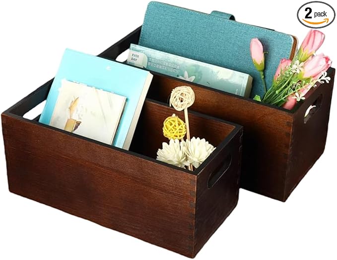 2 Pcs Wooden Nesting Crates with Handle, Rustic Decorative Stackable Cube Wooden Storage Boxes, Farmhouse Brown Natural Solid Wood Crate Box 2 Size for Party Home Table Decoration Display