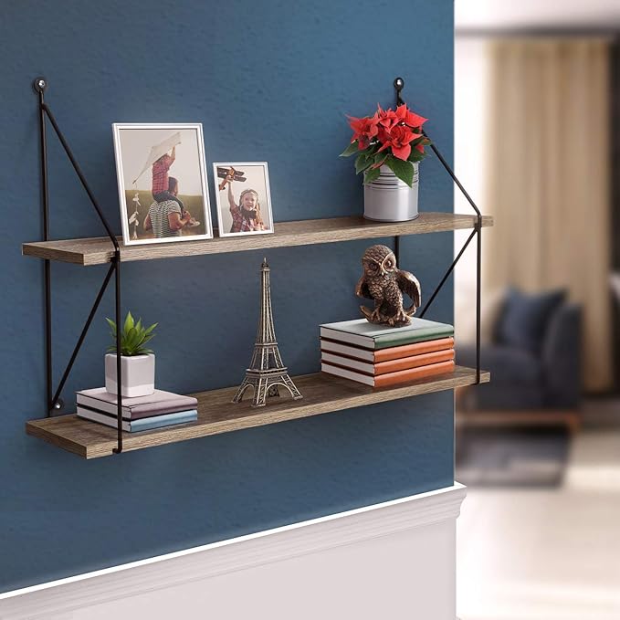 Sorbus® Floating Shelf with Metal Brackets — Wall Mounted Rustic Wood Wall Storage, Decorative Hanging Display for Trophy, Photo Frames, Collectibles, and Much More (2-Tier – Grey)