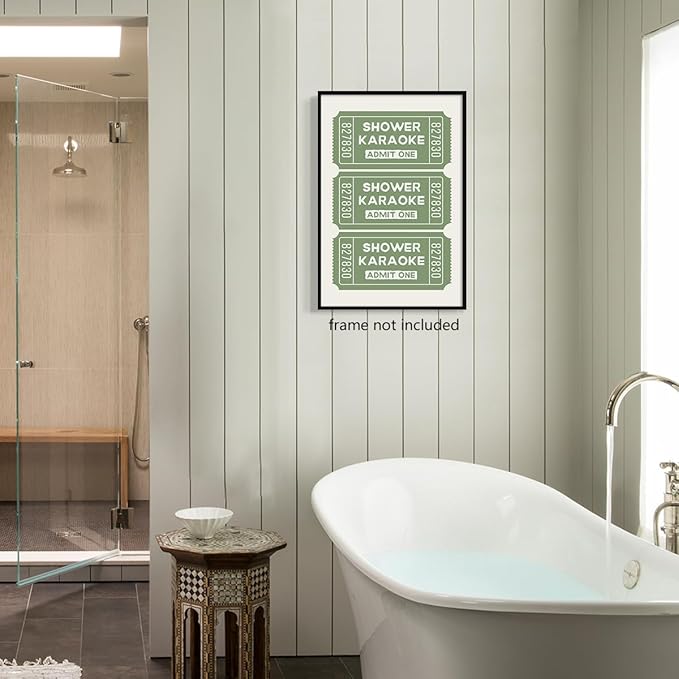 abrtolpffo Sage Green Shower Karaoke Wall Art, Trendy Admit One Ticket Canvas Poster, Funny Bathroom Wall Art Print, Cute Quotes Wall Decor for Restroom Guestroom 24x36in Unframed