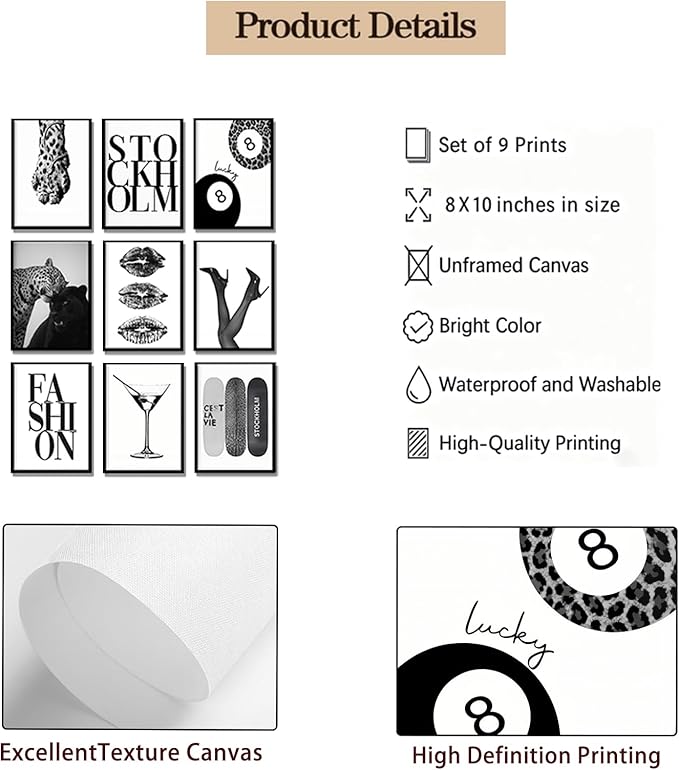 LOARTVE 9Pcs Black and White Fashion Wall Art Prints Trendy Leopard Stockholm Cocktail Lucky 8 Ball Pictures Wall Decor Preppy Aesthetic Posters for Girls Bedroom Dorm Apartment Unframed 8x10in