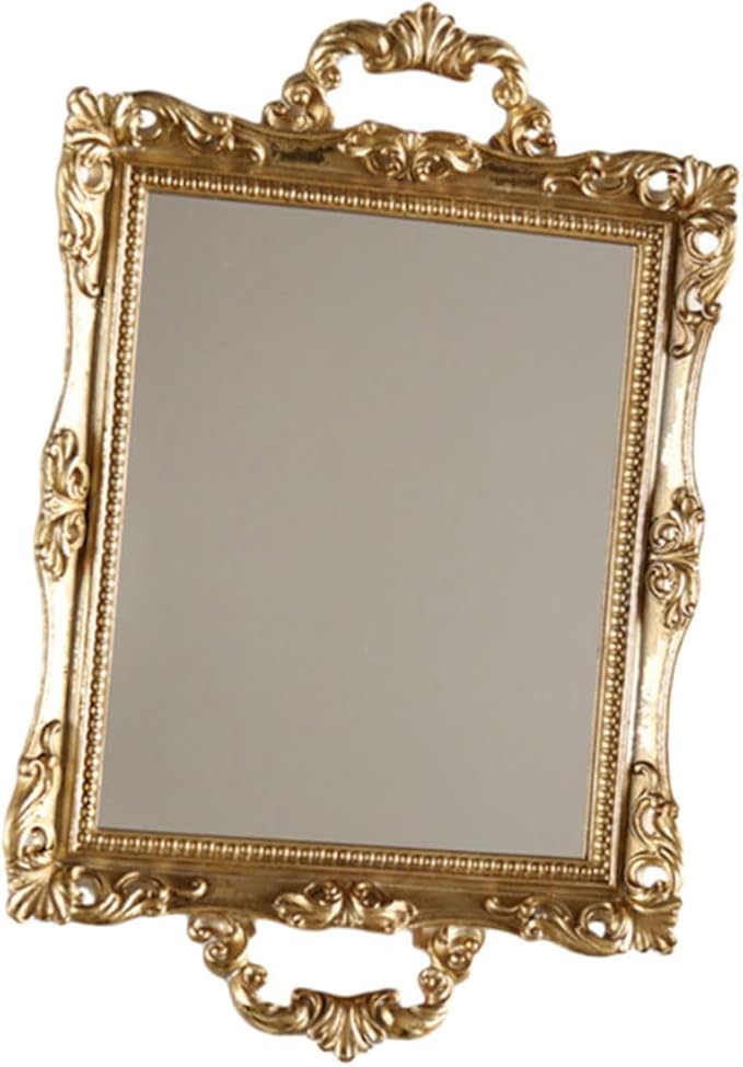 BESPORTBLE Retro Carved Golden Mirror Tray Resin Storage Decorative Plate Nordic Style Wedding Makeup Vanity Organizer for Cosmetics and Room Décor