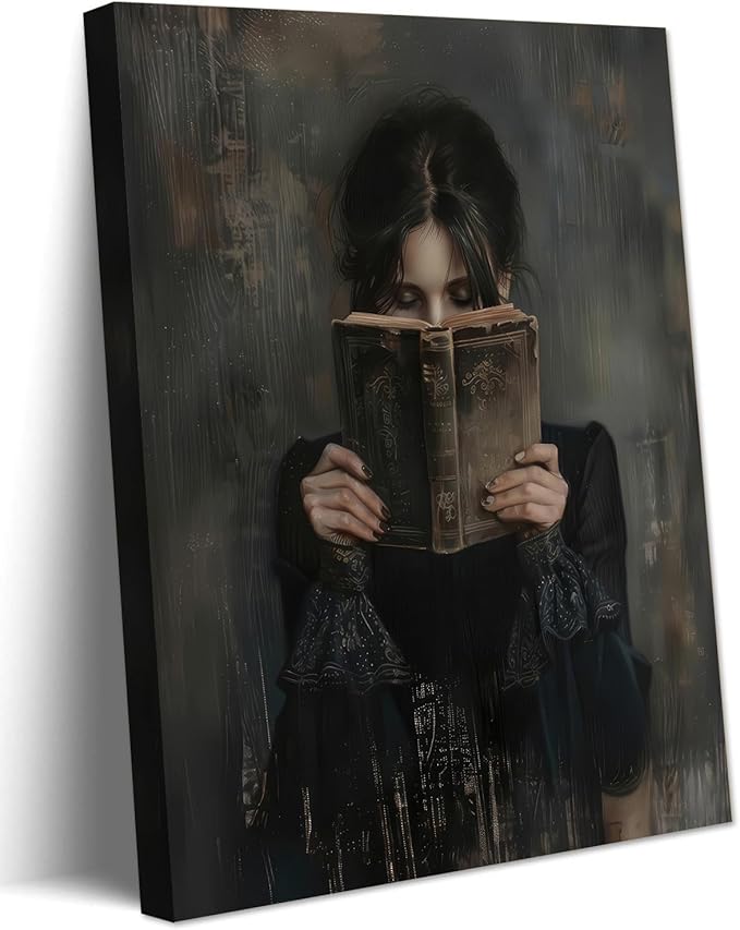 Dark Academia Book Wall Art Vintage Gothic Victorian Woman Reading Wall Decor Poster Painting Picture Moody Girl Aesthetic Canvas Print for Bedroom Living Room Dorm Library Corner 16x24Inch Framed