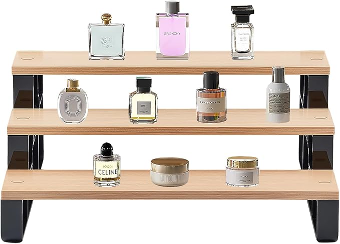 Modern 3-Tier Cologne and Perfume Display Shelf, Gray Wood with Black Frame, Countertop Organizer Stand for Fragrance Storage (Brown, 3 Tiers-Width=14")