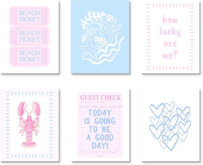 Habseligkeit Pink and Blue Wall Art Prints, Cute Wall Decors for Room Aesthtic, Posters for Girls Bedroom Decor Aesthetic Unframed, 8X10in, Set of 6