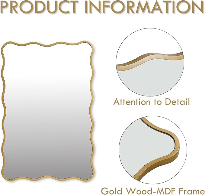 Gold Wavy Bathroom Mirror 20x30 Rectangle Scalloped Farmhous Mirror Modern Wood Farme Mirror Wall Decor for Bathroom Entryway Living Room Bedroom Hallway