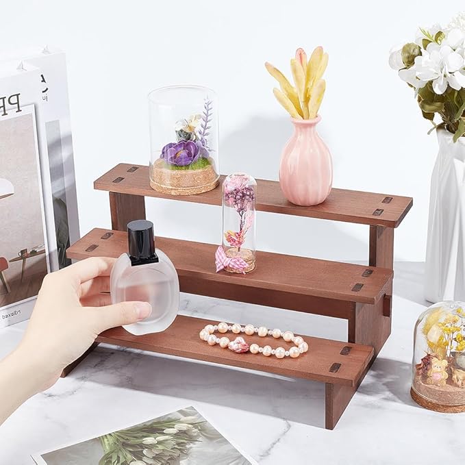 NBEADS 3-Tier Wooden Display Riser Shelf, 7.05x11.65x5.59 Inch Camel Tabletop Small Food Stand Risers Display Makeup Step Perfume Organizer for Fragrance Cosmetics Figure Collection