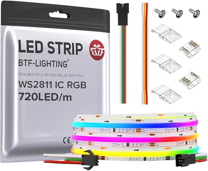 BTF-LIGHTING FCOB WS2811 IC RGB COB LED Strip DC12V 720LED/m 9.8FT Flexible High Density Uniform Chasing Color Light 20IC/m 12mm Width Light for Home Indoor Decor(No Adapter or Controller)