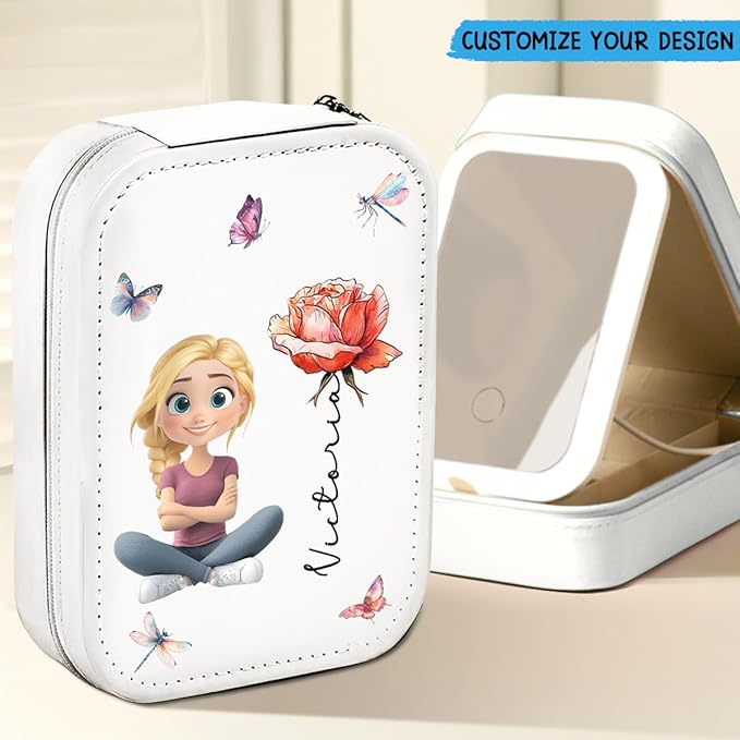 Wrappiness Women & Girls Floral Makeup Box With LED Mirror - Personalized Birthmonth Flower Travel Jewelry Organizer Gift for Daughters Sisters on Birthday Christmas (Blossomed Soul, Toddler Girls)