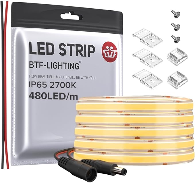 BTF-LIGHTING FCOB COB LED Strip IP65 480LED/m Flexible High Density Uniform Light 9W/m 16.4FT DC12V Warm White 2700K CRI 90+ 8mm Width for Home Indoor Decor(No Adapter or Controller)