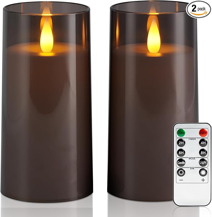 Raycare Christmas Flameless Electronic Pillar Candles with Remote Control and Timer- Battery Operated Realistic Flickering LED Fake Candle for Home, Wedding Decor,Grey,Set of 2(3"x6"6")