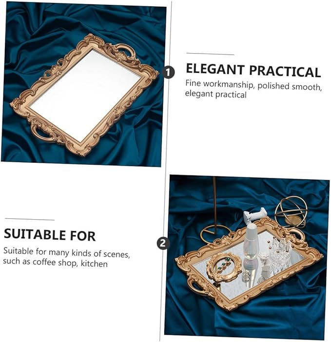 Golden Retro Mirror Tray Decorative Makeup Organizer Vanity Photo Prop European Style Rectangular Plastic Storage Plate for Perfume and Jewelry Display
