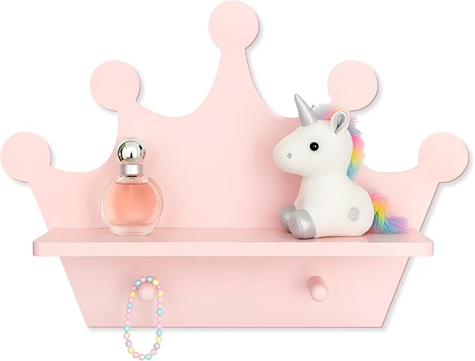 Pink Crown Floating Wall Shelf with Hooks, Princess Room Decor for Girls Bedroom, Nursery Organizer for Girls Room Storage