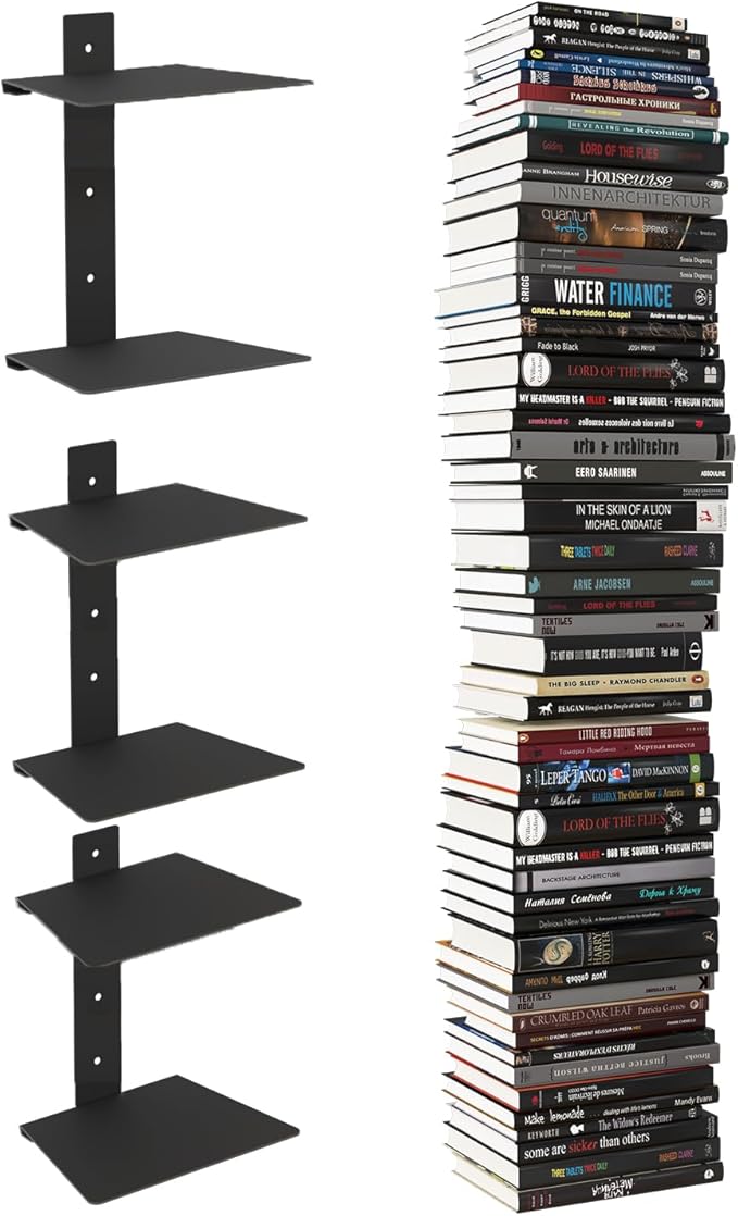 Wawocs Invisible Bookshelf for Wall, 6 Tier Floating Bookshelf Made of Heavy Duty Metal, Vertical Spine Book Tower Hanging Wall Bookshelf, Floating Book Shelves for Wall, 3 Pack Black