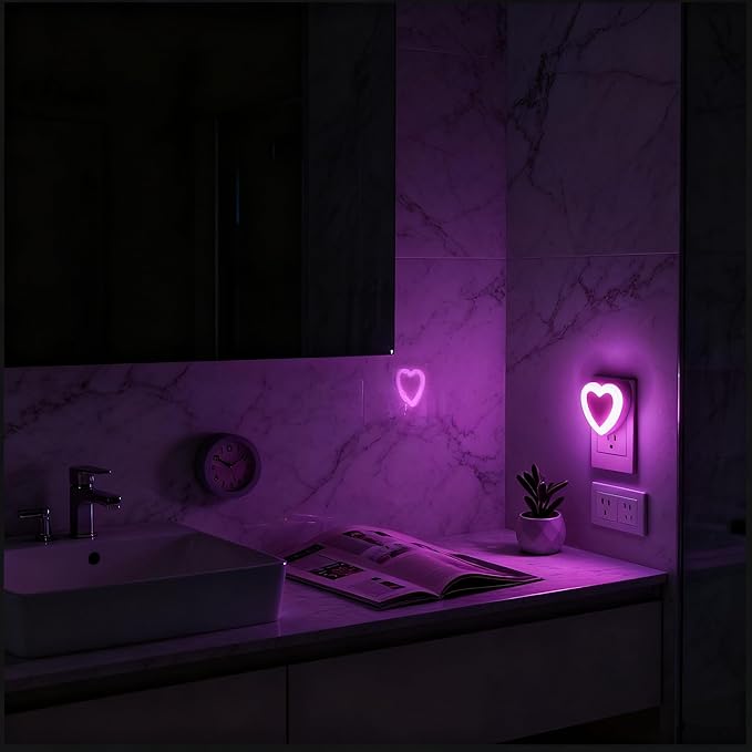 LED Night Lights Plug in(2-Pack), Dusk to Dawn Sensor Auto-On/Off, Cute Nightlight Heart Shaped 0.5W for Bedroom, Bathroom, Kids Room, Nursery, Hallway (Pink)