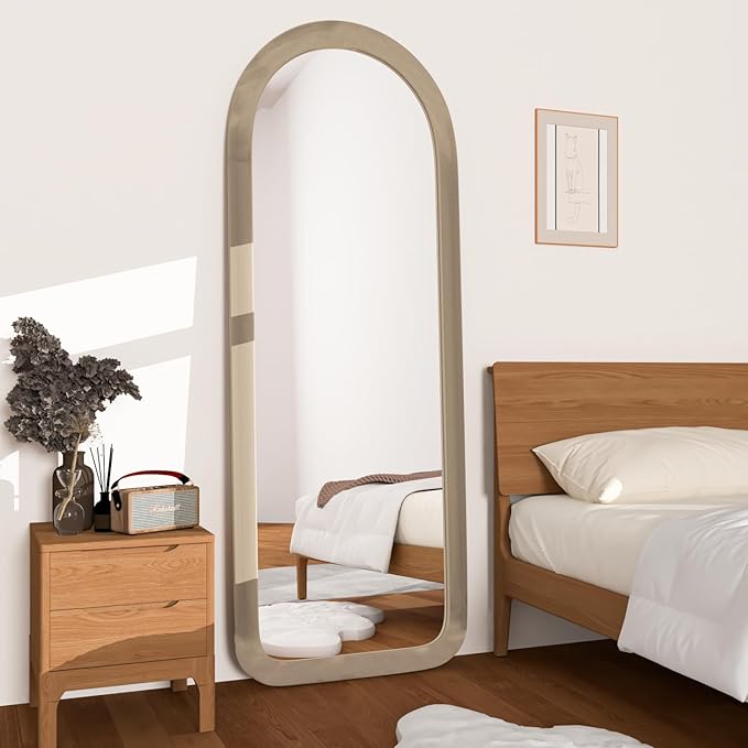 Full Length Mirror 56"x20" Arch Floor Mirror with Stand Arched Full Body Mirror Standing Hanging or Leaning Against Wall for Bedroom Flannel Wrapped Wooden Frame Milk Tea
