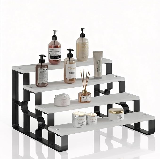 Perfume Stand for Men,4 Tier Cologne Organizer,Cologne Stands for Dresser Deco,Wooden Shelf Display Risers for Bathroom,Bedroom,Kitchen,Makeup,Figures,Cupcake,Dessert, (White,Width=14")