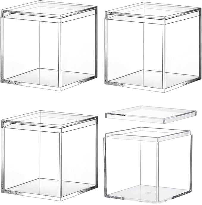 4 Pcs Clear Small Acrylic Box Plastic Acrylic Square Cube with Lid, 5.91×5.91×5.91 inches Gifts Box Storage Containers Display Box for Cosmetics, Jewelry, Party Favors, Makeup, and Tiny Item