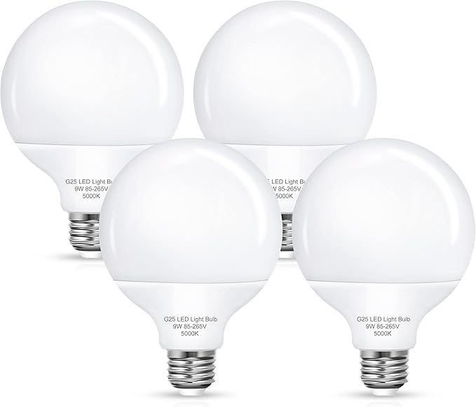 Flaspar G25 LED Vanity Light Bulbs, 100W LED Globe Bulb Equivalent, 9W Vanity Bulbs for Bathroom, 5000K Daylight White 900LM, E26 Base Round Makeup Mirror Bathroom Lights Bulb Décor Lighting, 4 Pack