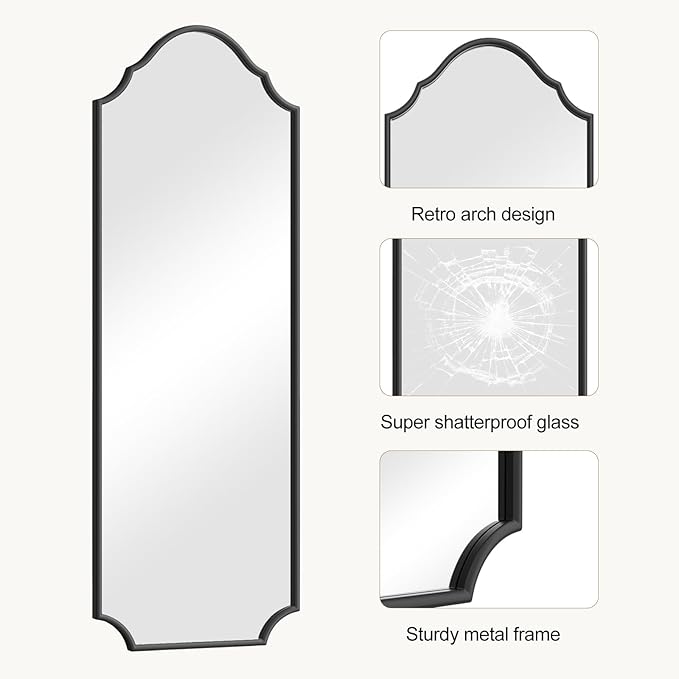 WallBeyond Arched Full Length Mirror Wall Mounted, 65"x22" Black Metal Frame Full Body Mirror for Bedroom, Living Room, Hanging or Leaning Against Wall Full Size