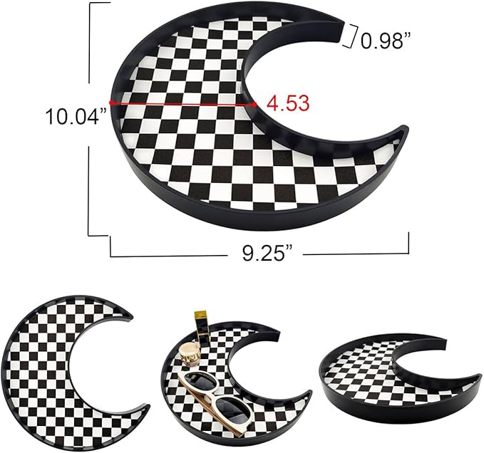 Ciandid Checkered Moon Shape Jewelry Tray - Decorative Organizer for Dresser, Makeup, Perfume - Vanity Tray for Bathroom, Coffee Table, Ottoman