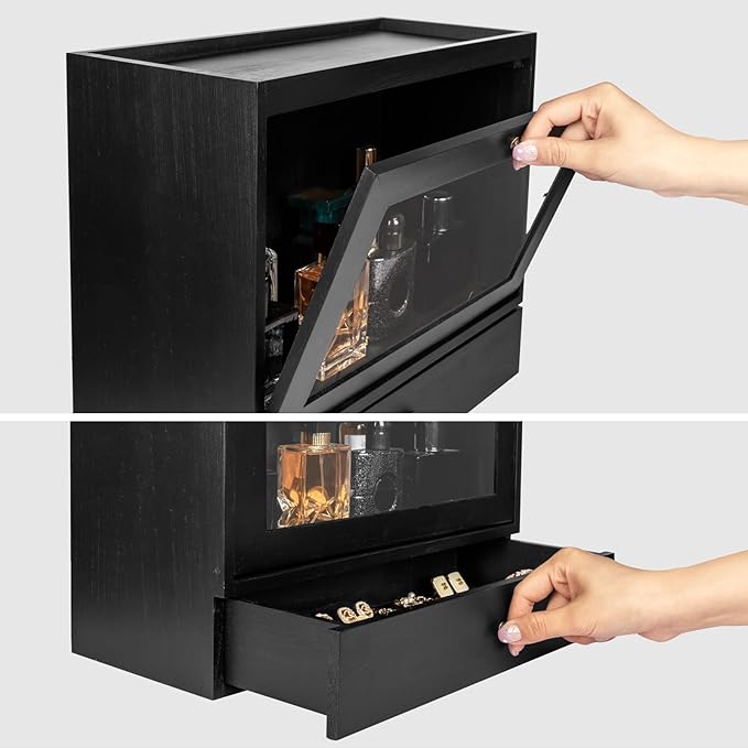 Wooden Cologne Organiser with Acrylic Display & Drawer,Vanity Storage Rack for Perfumes,Jewellery & Cosmetics,Cologne Display Stand for Men & Women,Bedroom and Bathroom Vanity Storage Black
