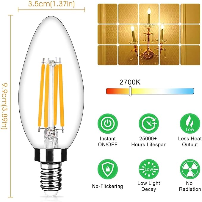 Yochoice 48-Pack Dimmable E12 Candelabra Bulbs 40Watt Equivalent, 2700K Warm White, 450Lumens, 4W B11 Vintage Chandelier Light Bulbs, Filament Clear Glass Candle Lamp for Ceiling Fan Home Decor