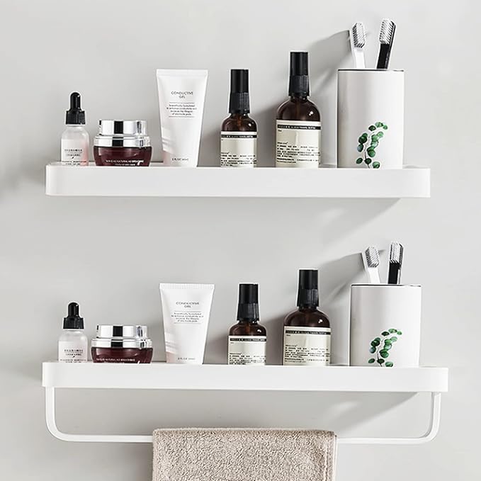 Bathroom Shelves, 15.7in Tempered Glass Shelf with Towel Bar Wall Mounted, 2 Tier Wall Shelves for Bathroom Organizers and Storage, White