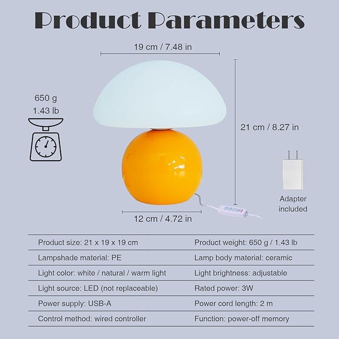 Cute Small Mushroom Lamp, PE Lampshade, Ceramic Base, Adjustable Light Color and Brightness with Power-Off Memory, Safe USB Powered, LED Mushroom Light for Bedroom Living Room (Orange)