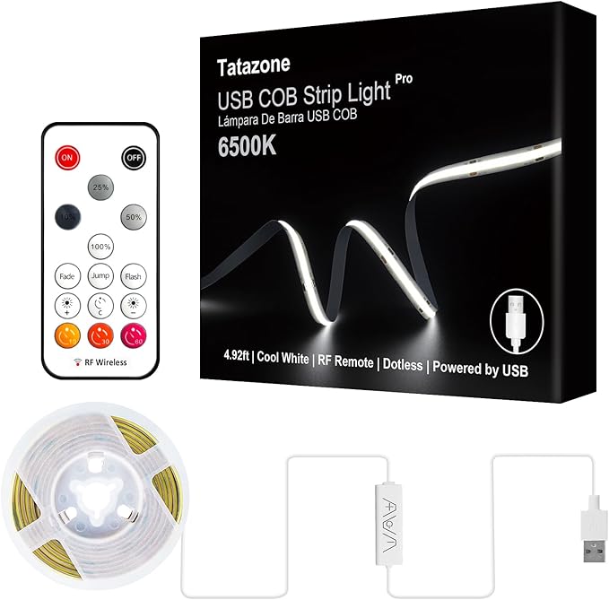 Tatazone 5V USB COB Led Strip Light with RF Remote, 4.92ft 6500K CRI93+ USB Powered COB Led Light Strip, Dimmable Indoor COB Led Light for Cabinet, TV, Camping, Monitor, Showcase, Motorhome