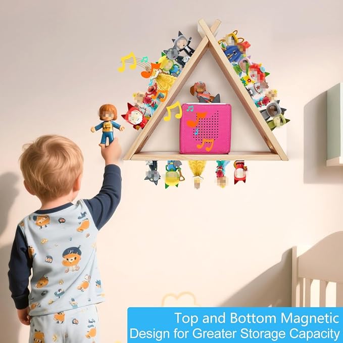 for Toniesbox Shelf,Triangle Tonie Shelf Magnetic Compatible with Toniesbox 1 and 2,Solid Oak Wooden Wall Mounted Tonie Storage Display Shelf for 40-80 Characters for Kids Play Room