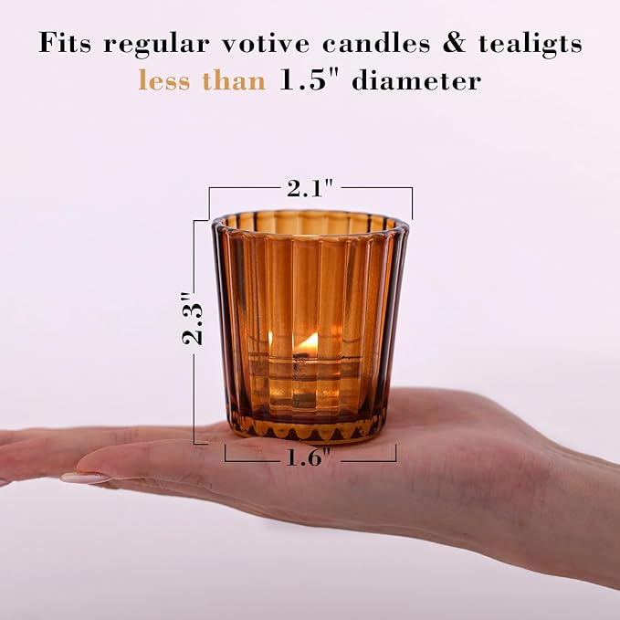 NITIME 24Pcs Vintage Ribbed Amber Votive Candle Holders, Fall Centerpieces for Tables, Tealight Candle Holder for Thanksgiving, Wedding Decor, Boho Home Decor and Christmas Decor