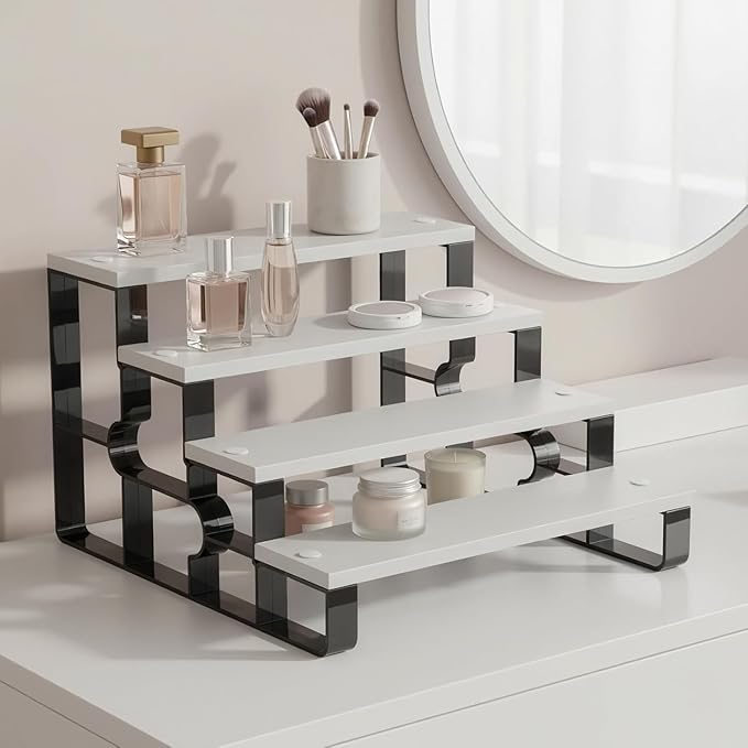 4-Tier Cologne & Perfume Display Shelf, 11.2" Wide White Wood Step Organizer, Makeup Organizer & Spice Rack for Bathroom Countertop, Bedroom Dresser & Kitchen
