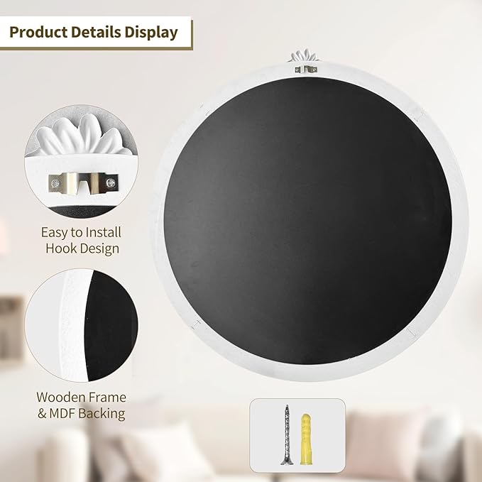 White Round Wood Mirror 28 Inch, Large Rustic Boho Coastal Wall Decor with White Wood Frame and Gold Metal Carved Accents, Farmhouse Decorative Mirror for Entryway, Bedroom, Living Room, Bathroom
