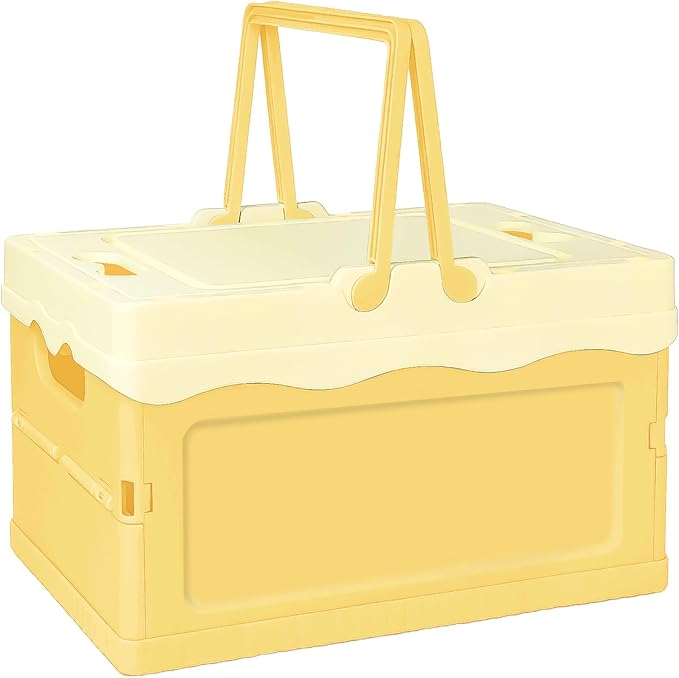 Tobeso-Nuoze Pastel Plastic Storage Bin with Lid Small Cute Foldable Pastel Crates Plastic Basket Colorful Storage Containers Baskets for Classroom Kitchen Office Bedroom Desktop Home Decor (Yellow)