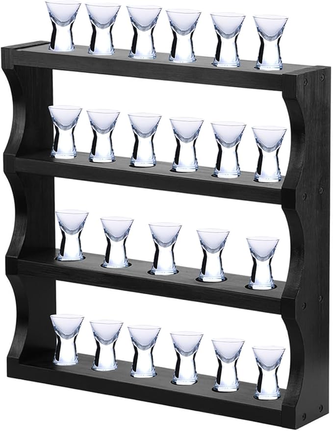 Wood Shot Glasses Holder Shot Glass Display Case for wall shot glass display Bar Collection Stand Collection Display Rack (Black)