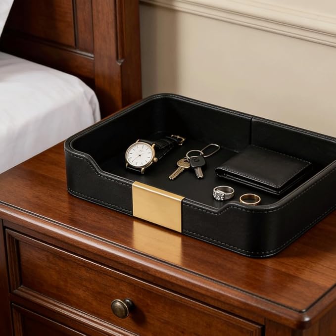 Luxury Leather Valet Tray,Jewelry Tray,Desktop Storage Organizer,Caddy Holder for Cosmetic,Jewelry,Watch,Keys,Phone,Wallet,Remote Controller,Pen, (black)