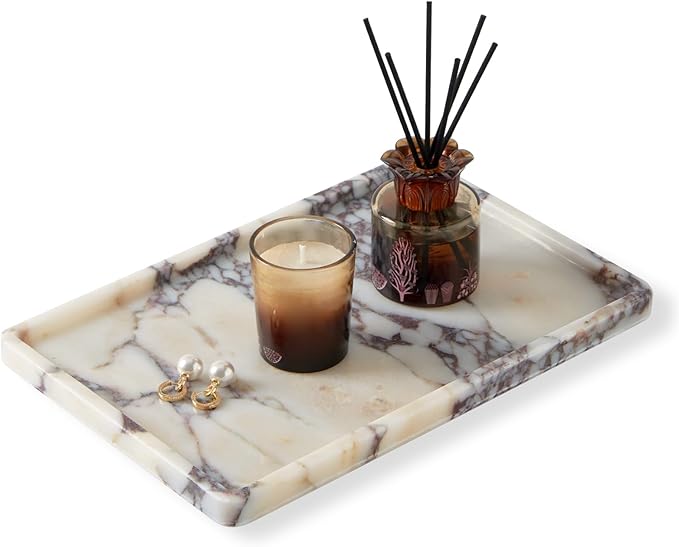 Luxury Natural Rectangle Marble Tray – 11.8 x 7.8-Inch Calacatta Viola Stone Vanity Tray, Large Catchall Organizer for Jewelry Perfume Keys, Decorative Tray for Bathroom Coffee Table & Dresser