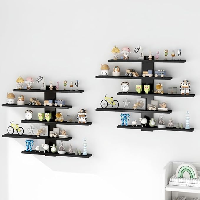 5-Tier Floating Wall Mounted Shelves, Wall Display Storage Shelf for Anime Figurines, Dolls, Plants & Statues, Decorative Organizer for Bedroom, Living Room, Study Room,Office（Black）