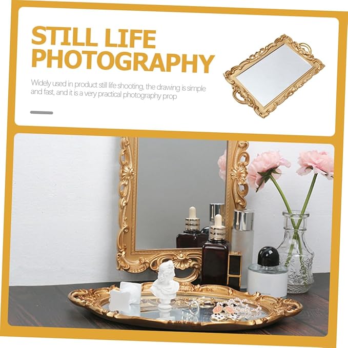 NUOBESTY Vintage Perfume Organizer Tray with Mirror Plate for Dresser Vanity, Decorative Makeup and Jewelry Display Tray for Home Décor and Photo Prop