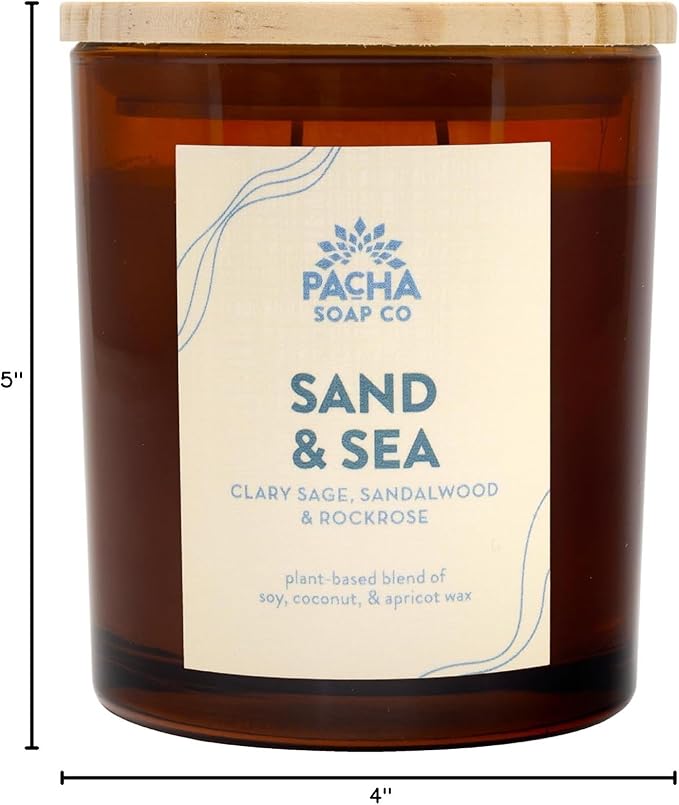 PACHA SOAP Co. Sand & Sea Candle, 7 oz - Scents of Clary Sage, Sandalwood and Rockrose - Clean Burning, Soy, Coconut & Apricot Wax, Lead-Free Wick, Cruelty-Free, Recyclable