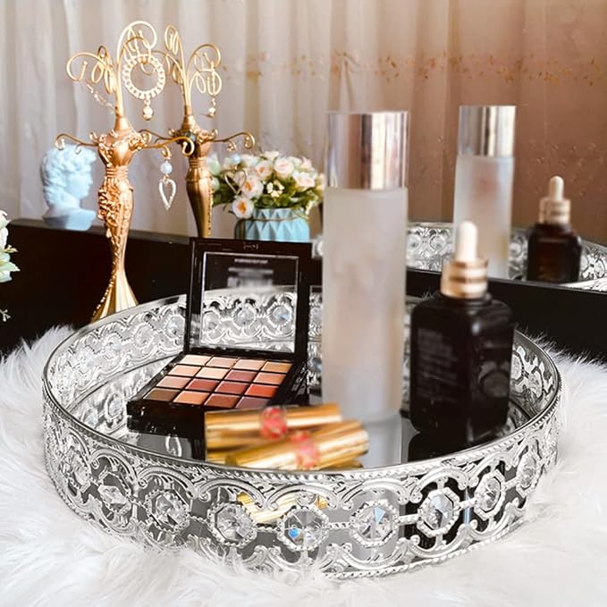 Round Mirror Tray for Coffee Table, Perfume, Makeup, and Vanity - Decorative Organizer for Dresser Tops (Silver, 11.8 in)