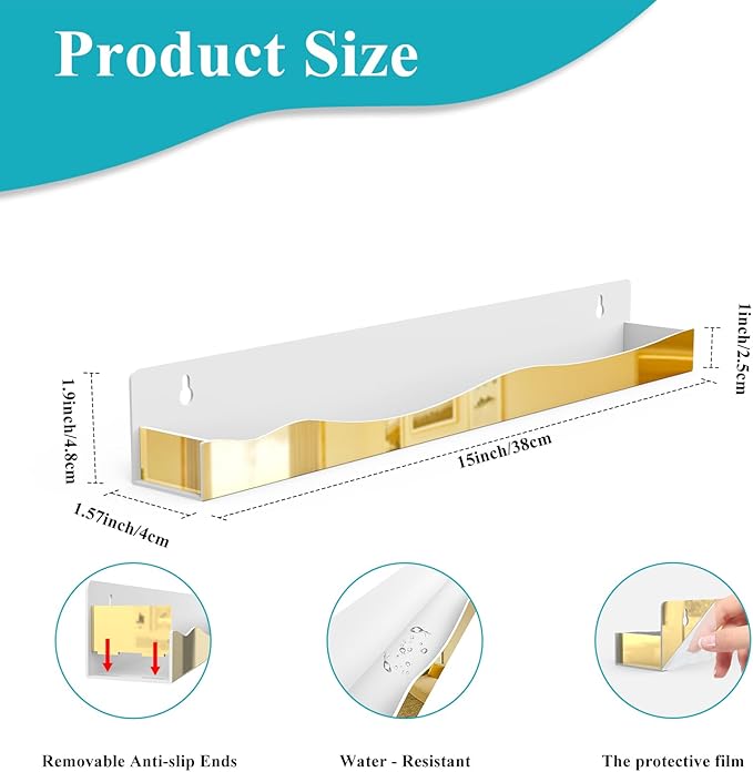 6 Pack Nail Polish Wall Rack Mirror Gold Acrylic Wall Mount Ledges with Stopper 15 Inch Kids Bookshelf Tattoo Ink Essential Oils Figurine Display Shelves Spice Rack for Salons Retailers Home