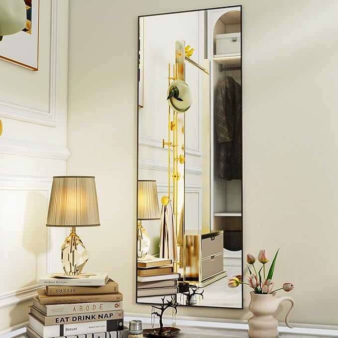 VooBang 68" x 22" Full Length Mirror, Floor Body Mirror with Stand Aluminum Alloy Frame, Standing Hanging or Leaning for Bedroom Living Room, Black