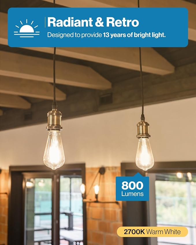 Sunco 16 Pack 60W Vintage LED Edison Bulbs Equivalent 8.5W CRI92 800 Lumens, Dimmable ST64 Filament, ST19, 2700K Soft White E26 Medium Base Light Bulbs High Brightness Clear Glass Waterproof - UL