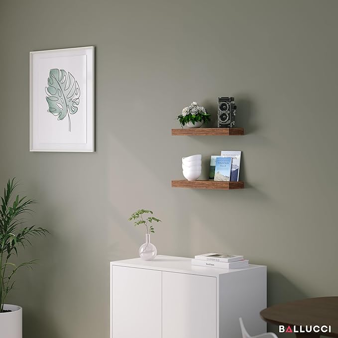 Ballucci Floating Shelves, 16" Wood Wall Shelf Set of 2, with Invisible Brackets for Bathroom, Living Room, Bedroom, Kitchen, Nursery, 6" Deep, Rustic Brown